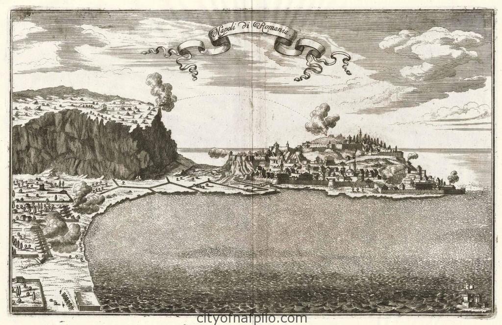 Overall view of city, fortress and bay_Napoli di Romania_1687_Kupferstich v. Johann Christoph Wagner b. Jakob Koppmayer in Augsburg