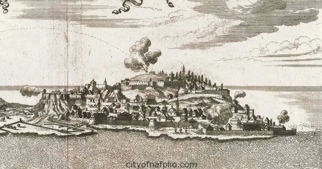 Overall view of city, fortress and bay_Napoli di Romania_1687_detail1