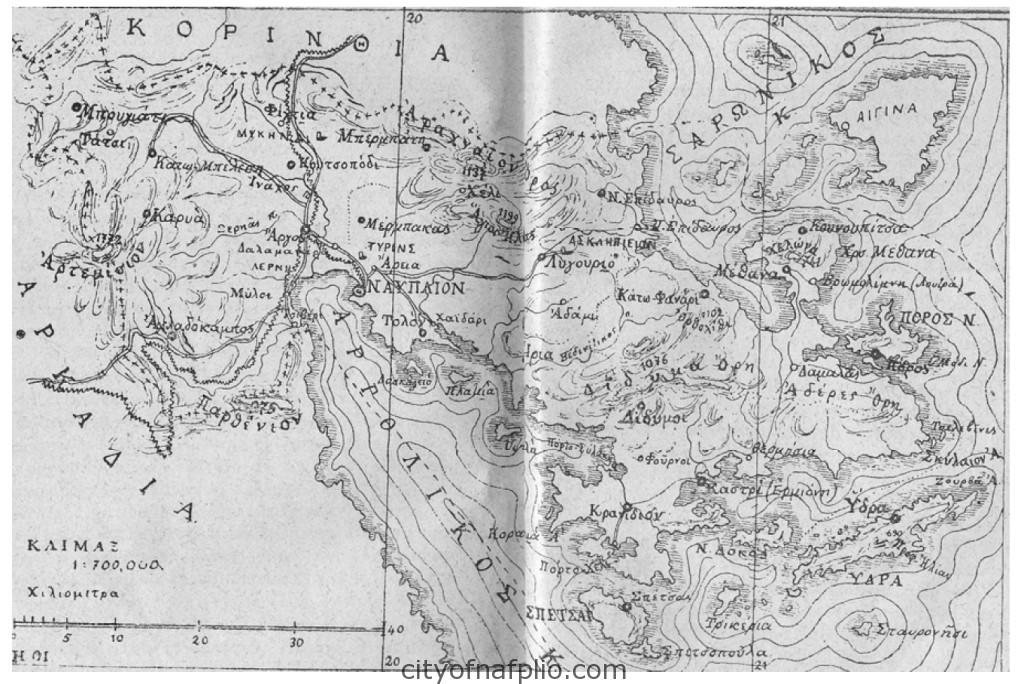 Χάρτης της Αργολίδας από τον οδηγό της Ελλάδας του Μπαίδεκερ (1902)