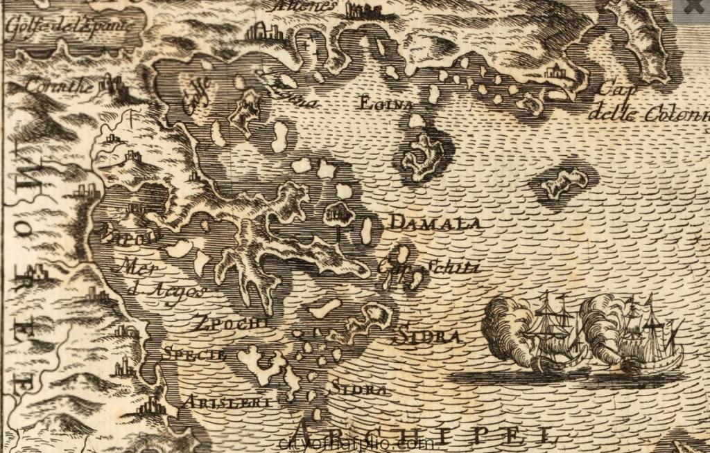 Antique map Peloponnese. Printed in Frankfurt circa 1686_argolis_Alain Manesson Mallet