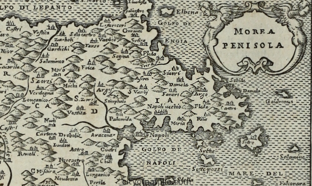 Antique woodcut map of the Peloponnese. Printed in Paris by Nicolas Chesneau, Michel Sonnius in 1575_argolis