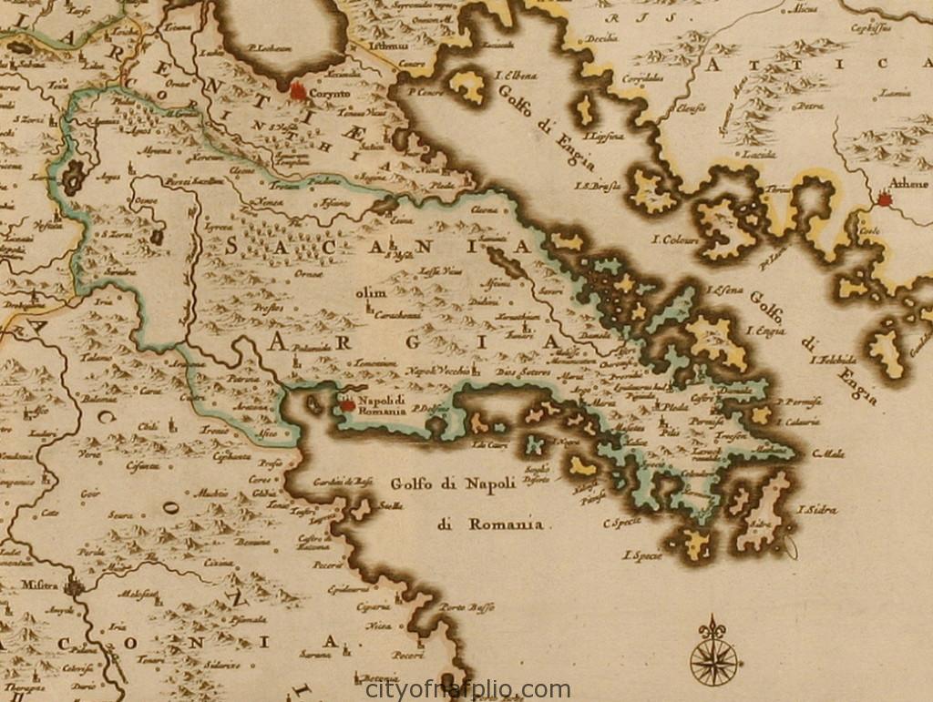Coloured map of the Peloponnese. Printed in Leyden circa 1713_argolis_Pieter van der Aa