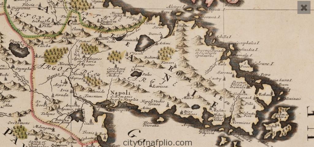 Old coloured map of the Peloponnese. Printed in Paris by H. Jaillot in 1696_argolis_Nicolas Sanson